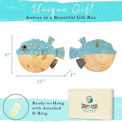Driftwood Fish Nautical Wall Decor - Handmade Wooden Rustic Coastal Wall Art for Living Room, Bedroom, Office, Bathroom - Ocean Beach Decoration (Bubba)