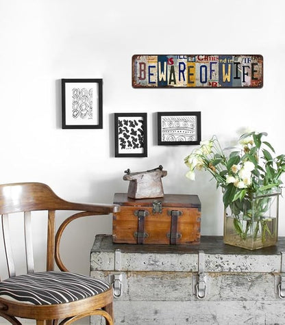 Beware of Wife Vintage Metal Tin Sign - Humorous Rustic Wall Art for Garage, Man Cave, Bar, Game Room Décor - 4x16 Inch