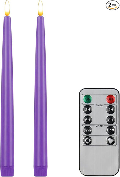 CVHOMEDECO. Flameless Taper Candles with 10-Key Remote, Battery Operated Led Flickering 3D Wick Window Candles Real Wax Finished Home Christmas Party Decor 0.78 x 11 Inch, Pack of 2, Purple