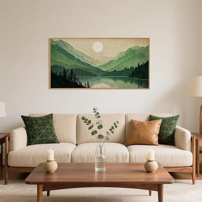 Watercolor Mountain Framed Canvas Wall Art Set, Boho Sun Forest Wall Decor, Green Scenery Wall Painting, Modern Woodland Artworks for Living Room, Bedroom, Dining Room, Office-20 x40x1