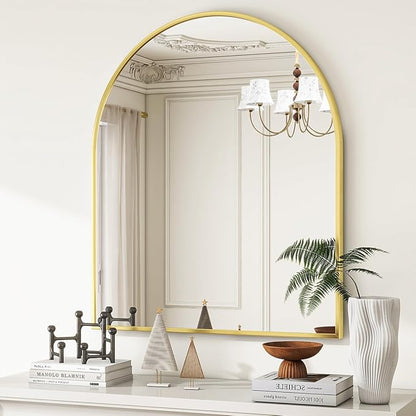 VooBang Arched Wall Mirror, 26 x 28 inch Arch Bathroom Mirror, Wall Mounted Vanity Mirror with Arch Metal Frame, Modern Bathroom Vanity Mirror for Bedroom, Living Room, Hanging or Leaning, Gold
