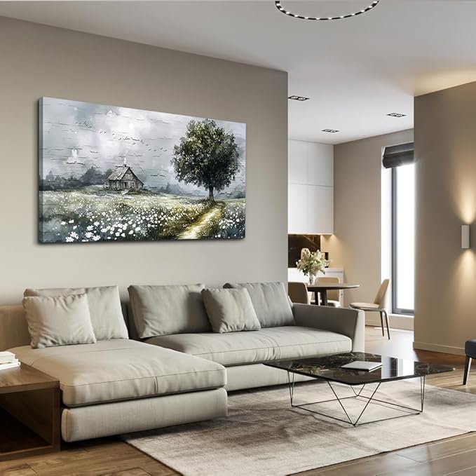ERQINHUA Gray Canvas Wall Art For Living Room Farmhouse Wall Decor For Bedroom Office Decorations Field scenery Paintings Tree Landscape Wall Pictures Artwork Ready to Hang for Home Decor 20"X40"