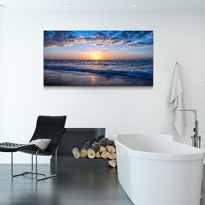 Wapluam Beach Wall Art Blue Sea Coastal Sunset Natural Scenery Picture Print On Canvas Ocean Seascape Canvas Print Artwork for Living Room Bedroom Kitchen Bathroom Home and Office Wall Decor 20" x 40"