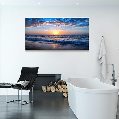 Wapluam Beach Wall Art Blue Sea Coastal Sunset Natural Scenery Picture Print On Canvas Ocean Seascape Canvas Print Artwork for Living Room Bedroom Kitchen Bathroom Home and Office Wall Decor 20" x 40"