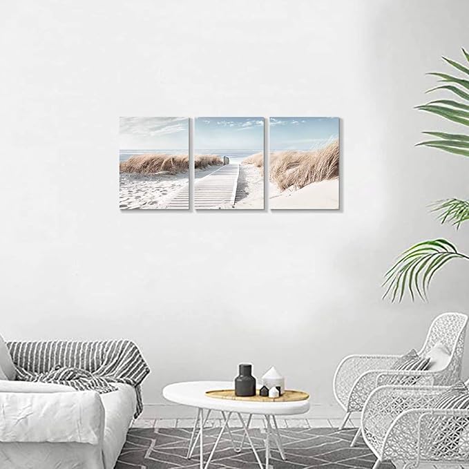 Hardy Gallery Coastal Beach Canvas Wall Art: Pathway to Shoreline Artwork Painting on Canvas for Office or Bedroom (16'' x 12'' x 3 Panels)