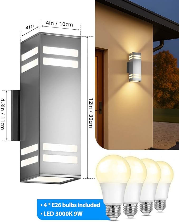 KIZON Modern Dusk to Dawn Outdoor Lighting 2 Pack, Stainless Steel Up and Down Sconce with E26 Base, Includes 3000K Bulbs, Waterproof Exterior Lighting Fixtures, Outdoor Lights for House Porch Garage