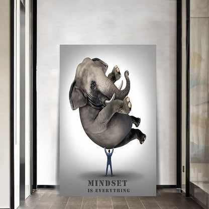 Abstract Large Office Canvas Artwork HD Print Painting Pictures Mindset is Everything Print Poster Elephant and Business Man Wall Art Gallery Wrapped Framed Home Classroom Study Room Decor-28 Wx44 H