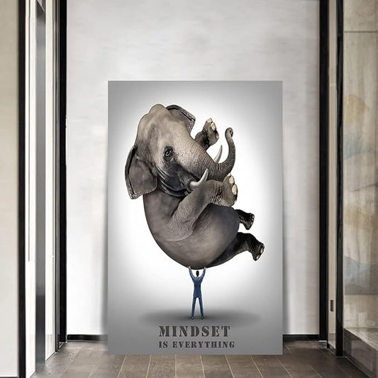 Abstract Large Office Canvas Artwork HD Print Painting Pictures Mindset is Everything Print Poster Elephant and Business Man Wall Art Gallery Wrapped Framed Home Classroom Study Room Decor-28 Wx44 H