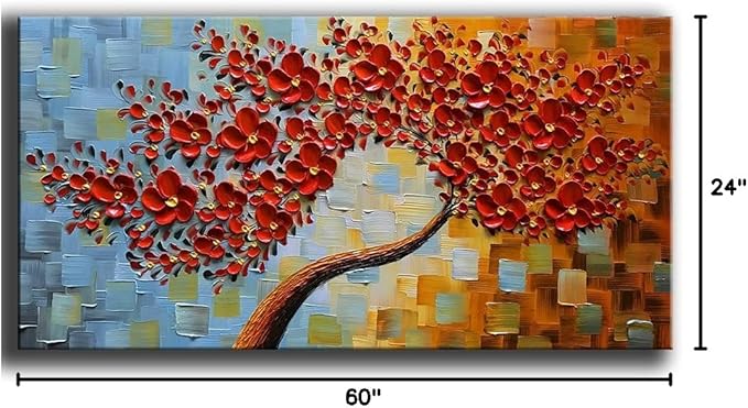 YaSheng Art - Large Canvas Wall Art ,Hand Painted 3D Texture Wall Art Red Floral Oil Painting, Modern Abstract Artworks Paintings , Wall Art for living room Bedroom Office Wall Deco Home, Framed Wall Art Pictures 60 by 24 inch