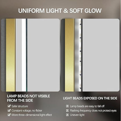 24" Round LED Bathroom Mirror, Wall Mounted Round Backlit Mirror LED Bathroom Vanity Mirror with Light Fog Free Circle Lighted Mirror with Shiny Gold Frame, Smart Light up Mirror 3-Color