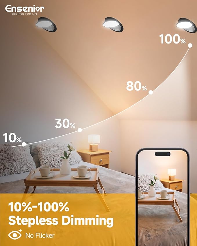 Ensenior 12 Pack 6 inch Black Gimbal Led Recessed Light, 5CCT 2700K-5000K, 360°+90° Rotatable, Dimmable, Aluminum, CRI90+, 1300LM 12W 120V, Eyeball Recessed Lighting, Directional Can Light, ETL&FCC