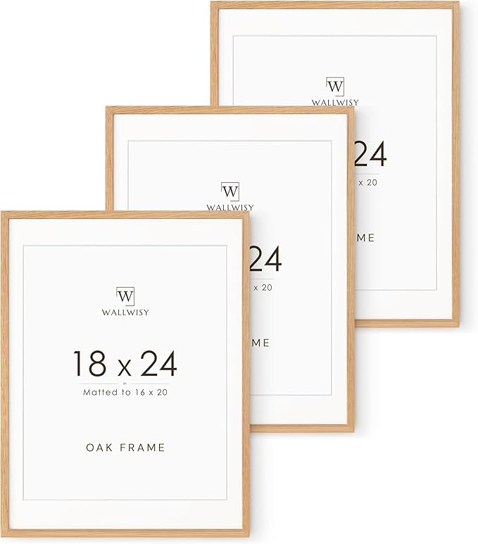 18x24 Poster Frame, 18x24 Solid Oak Picture Frames Matted to 16x20, 24x18 Natural Wooden Frame Horizontal or Vertical Wall Mounting, Set of 3