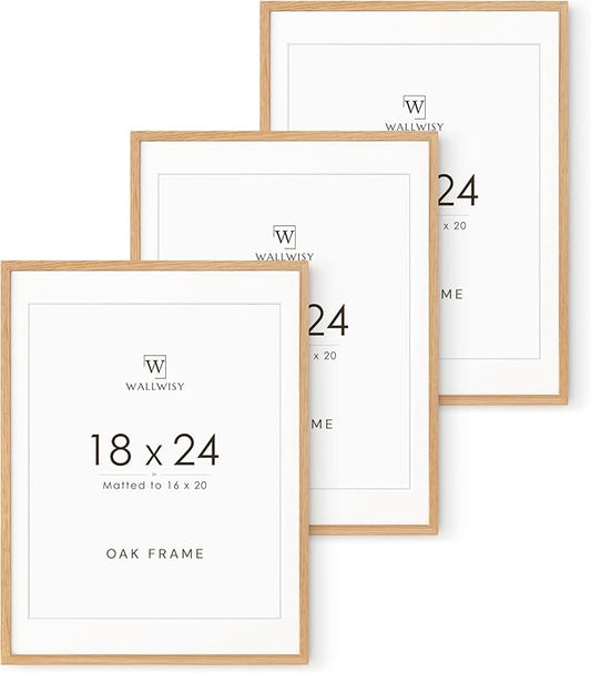 18x24 Poster Frame, 18x24 Solid Oak Picture Frames Matted to 16x20, 24x18 Natural Wooden Frame Horizontal or Vertical Wall Mounting, Set of 3
