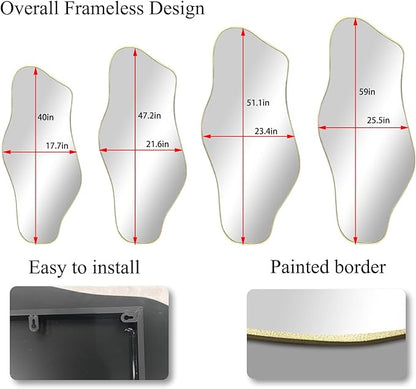 Irregular Wall Mirror, 40"x17.7" Gold Asymmetrical Frameless Mirror, Modern Organic Shaped Mirrors for Living Room Bedroom Hallway Entryway, Horizontal or Vertical Hanging