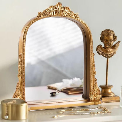SIKOO 8x10 Inch Arched Vintage Mirror with Shelf, Decorative Wall Art for Home, Resin and Premium Glass, Bronze Gold