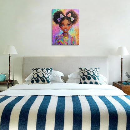 African American Girl Canvas Wall Art Framed Kawaii Cute Digital Print Empowering Art Curly Hair Oversized Jacket Stars Rainbow Wall Decor Artwork Poster for Bedroom Office 16x24 Inches