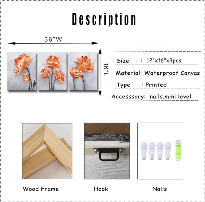 Derkymo 3 Panels Elegant Poppy Wall Painting Orange Flower Canvas Wall Art Pictures of Poppy Flowers for Home Decoration Stretched and Framed Easy to Hang 12"x16"x3pcs