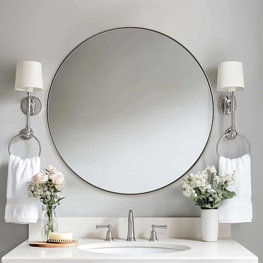 ANDY STAR 28" Brushed Nickel Bathroom Mirror, Round Brushed Nickel Vanity Mirror, Silver Circular Mirror in Stainless Steel Metal Frame for Wall Decor, Living Room, Powder Room