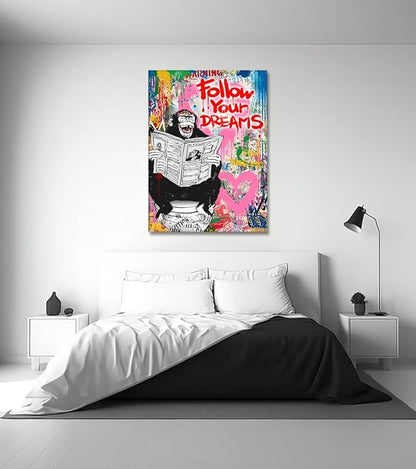 Banksy Graffiti Canvas Wall Art Inspirational Follow Your Dreams Poster for Mens Room Decor Monkey on Toilet Pictures Modern Painting HD Print Framed Artwork Ready to Hang 24x36inch