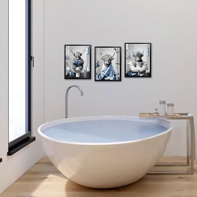 sechars Highland Cow Bathroom Wall Art 3 Piece Funny Bathroom Pictures Canvas Print Grey and Blue Decor (Blue)