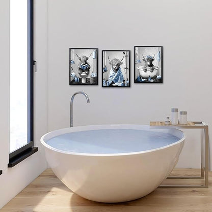 sechars Highland Cow Bathroom Wall Art 3 Piece Funny Bathroom Pictures Canvas Print Grey and Blue Decor (Blue)