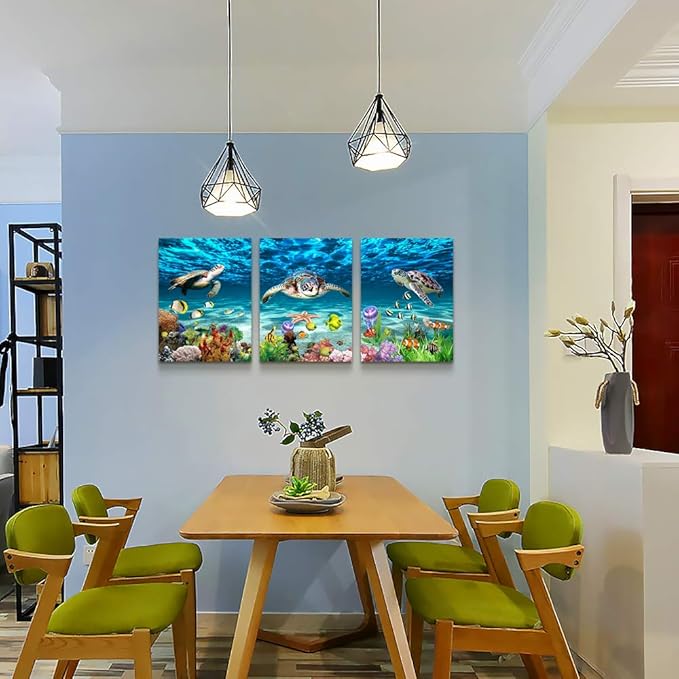 AHUASJART Canvas Wall Art for Living Room Large Size Wall decor for Bedroom Modern Bathroom Wall Decoration blue Ocean Painting Sea Turtle Pictures Ready to Hang Office Artwork 20" x 28" 3 Piece