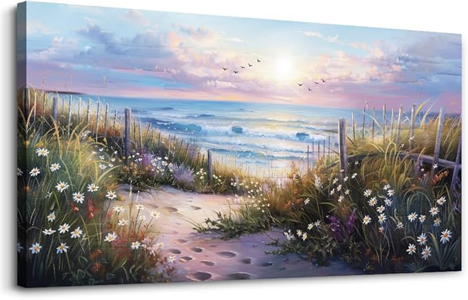 hyidecorart Large Wall Art For Living Room Canvas Wall Decor For Bedroom Blue Ocean Artwork Pictures Flower Beach Scenery Wall Painting Framed for Office Hotel Decor Modern Posters Home Decorations