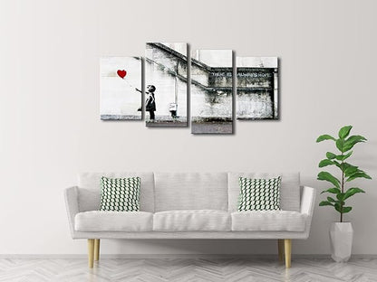 Wieco Art Famous Canvas Paintings Wall Art Banksy Grafitti Girl with Red Balloon Modern Large 4 Piece Inspirational Grey Love Giclee Pictures Print Artwork for Dining Room Kitchen Home Office Decor