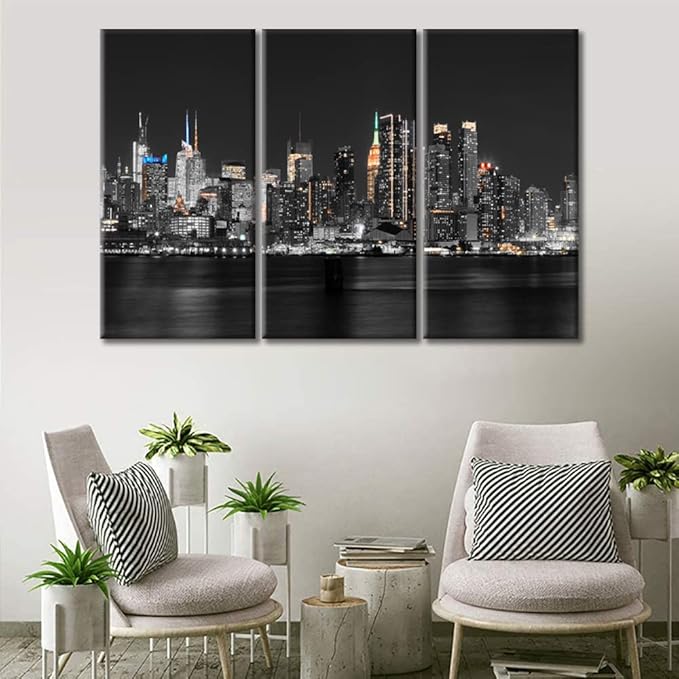 TUMOVO New York City NY USA Skyline Bathroom Decor Wall Art 3 Piece Hudson River Skyscrapers Nighttime Lightscape Black and White Wall Art Posters and Prints Framed Ready to Hang (36" Wx24 H)