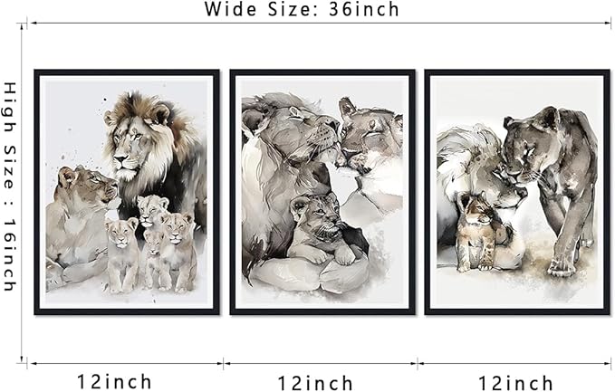 Lion Family Framed Canvas Wall Art Wildlife Animal Decor for Country House Apartment Living Room Vintage Farmhouse Nature Lion Portrait Print Artwork Wall Decor Easy to Hand 12x16inchx3pcs