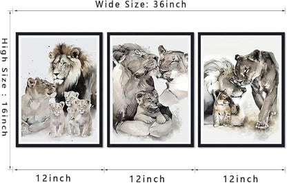 Lion Family Framed Canvas Wall Art Wildlife Animal Decor for Country House Apartment Living Room Vintage Farmhouse Nature Lion Portrait Print Artwork Wall Decor Easy to Hand 12x16inchx3pcs