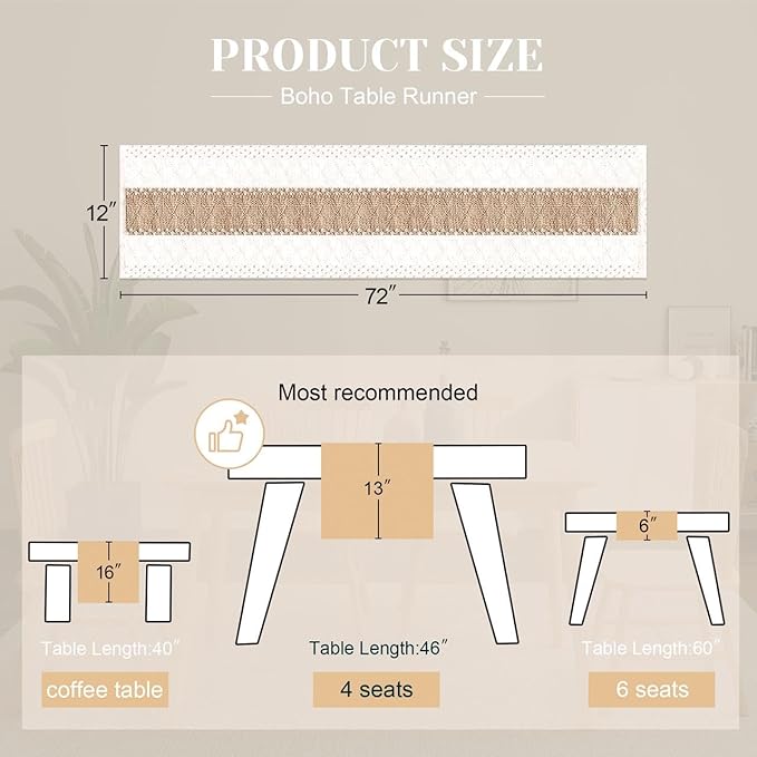 FEXIA Boho Table Runner for Home Coffee Decor 72 Inches Long Farmhouse Rustic Table Runner Macrame Burlap Centerpieces for Tables Decoration for Kitchen Bedroom Decor Bridal Shower (12x72 Inches)