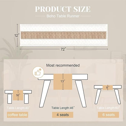 FEXIA Boho Table Runner for Home Coffee Decor 72 Inches Long Farmhouse Rustic Table Runner Macrame Burlap Centerpieces for Tables Decoration for Kitchen Bedroom Decor Bridal Shower (12x72 Inches)