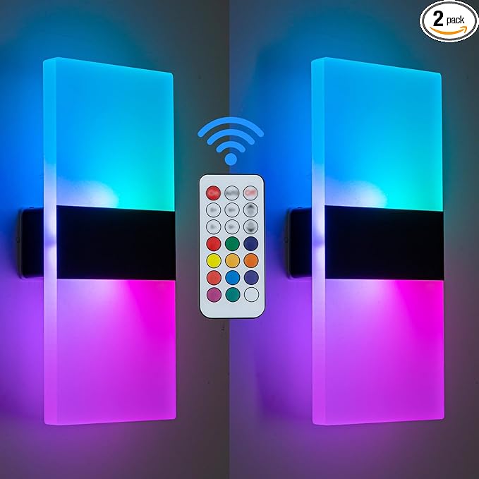 2 Pack LED Wall Lights, Rechargeable Battery Powered RGB Wall Sconce, 12 Color Changing Magnetic Night Lamp, Remote Control Dimmable Cordless Decor Lighting for Bedroom Hallway Stairway