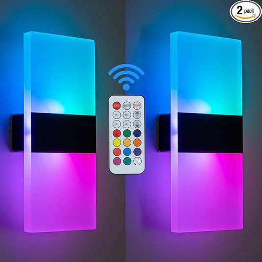 2 Pack LED Wall Lights, Rechargeable Battery Powered RGB Wall Sconce, 12 Color Changing Magnetic Night Lamp, Remote Control Dimmable Cordless Decor Lighting for Bedroom Hallway Stairway