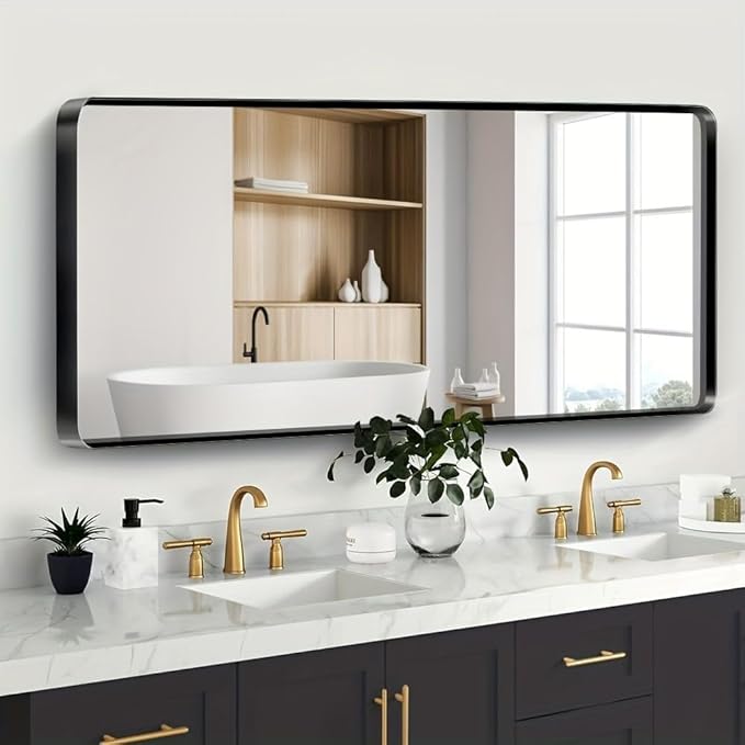 JISOSO Black Bathroom Mirror 72X32 Inch, Black Metal Framed Mirror for Wall, Rounded Rectangle Matte Bathroom Vanity Mirror with Tempered Glass, Anti-Rust, Horizontal/Vertical