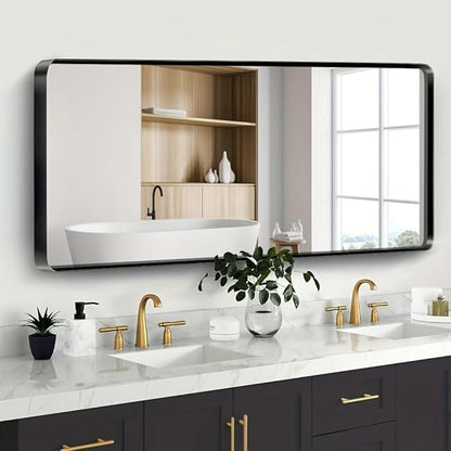 JISOSO Black Bathroom Mirror 72X32 Inch, Black Metal Framed Mirror for Wall, Rounded Rectangle Matte Bathroom Vanity Mirror with Tempered Glass, Anti-Rust, Horizontal/Vertical
