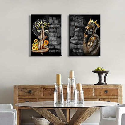 African Black King Queen Framed Canvas Wall Art for African American Man Girls Women Lions Couples Wall Decor Photos Posters Artwork for Living Room Bedroom Bathroom Home Decor
