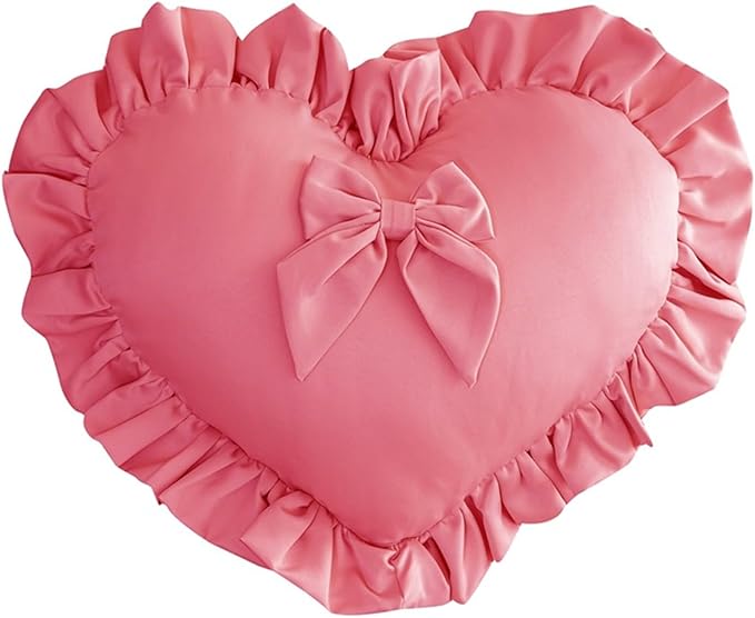 MOJUN Heart Pillow, Heart Shaped Throw Pillow Pink Ruffle Design Love Bow Pillow Home Decorative Pillows Cushion for Sofa Living Room Bed Chair Wedding Gifts Pillows