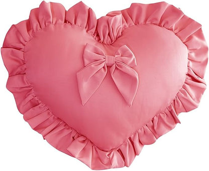 MOJUN Heart Pillow, Heart Shaped Throw Pillow Pink Ruffle Design Love Bow Pillow Home Decorative Pillows Cushion for Sofa Living Room Bed Chair Wedding Gifts Pillows