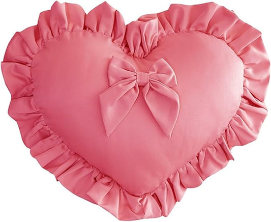 MOJUN Heart Pillow, Heart Shaped Throw Pillow Pink Ruffle Design Love Bow Pillow Home Decorative Pillows Cushion for Sofa Living Room Bed Chair Wedding Gifts Pillows