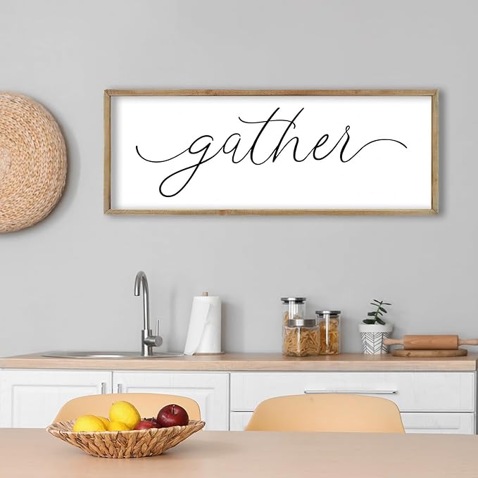 FZMHASLWW Gather Sign Wall Decor 40"×15" Large Wooden Framed for Dining Room Simple Home Kitchen Hanging Art (Wood)