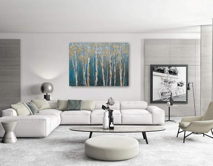 Yihui Arts Birch Tree Canvas Wall Art Hand Painted Teal and White Color Painting with Gold Foil Modern Forest Pictures for Living Room Bedroom Office Decoration