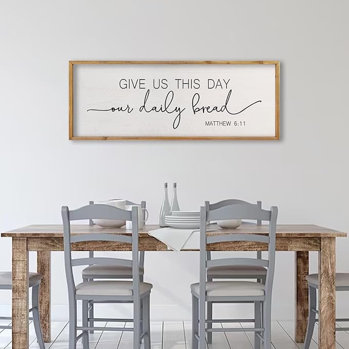 comurdyo Dining Room Wall Decor Give Us This Day Our Daily Bread Sign 32"x12" Religious Catholic Praye Matthew 6:11 Bible Verse Quotes Plaque Modern Simple Kitchen Dining Room Wall Hanging (Wood)