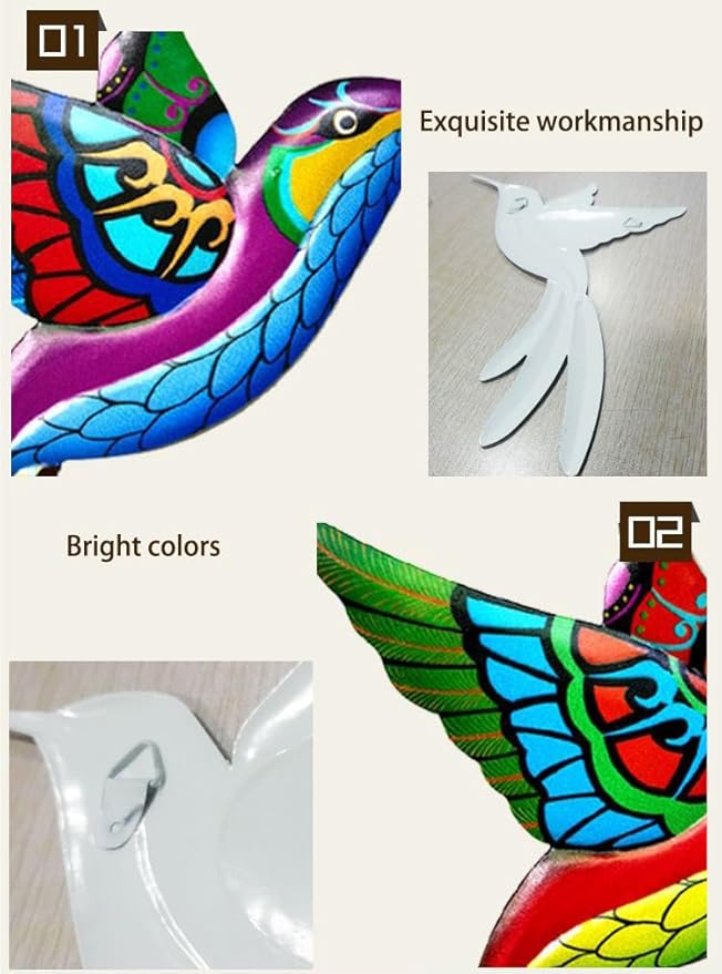 4 Pack Outdoor Garden Wall Art Decor Metal Hummingbird, 3D Colorful Garden Birds Sculpture, Metal Hand Made Bird Wall Art Decorations for Fence Patio Balcony Living Room