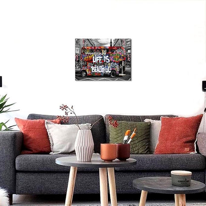Banksy Street Art Mural Colorful Graffiti Bus Canvas Wall Art Life is Beautiful Pop Art Modern Framed Canvas Wall Art Decor for Room Living Room Bedroom Walls Easy to Hang 16x12 Inch