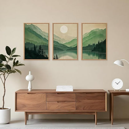 Watercolor Mountains Framed Canvas Wall Art, Boho Sun Forests Wall Decor, Green Scenery Wall Painting, Modern Woodland Artworks for Living Room, Bedroom, Dining Room, Office - 24"x36"x3