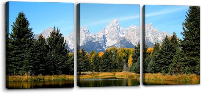 Pacimo 3 Pieces Canvas Art Wall Decor Grand Teton National Park Pictures Natural Landscape Painting Pond Prints on Canvas Modern Artwork Stretched and Framed Ready to Hang - 12" x 16" x 3