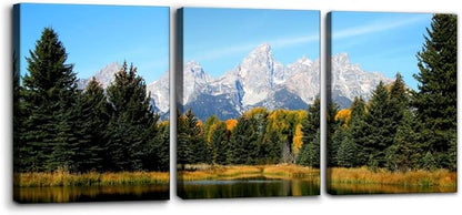 Pacimo 3 Pieces Canvas Art Wall Decor Grand Teton National Park Pictures Natural Landscape Painting Pond Prints on Canvas Modern Artwork Stretched and Framed Ready to Hang - 12" x 16" x 3