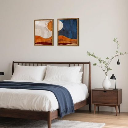 Framed Boho Sun and Moon Canvas Wall Art Set of 2, Vintage Western Desert Landscape Wall Decor Paintings, Mid Century Modern Abstract Pictures Prints Artwork for Living Room Bedroom Office 12x16 inch